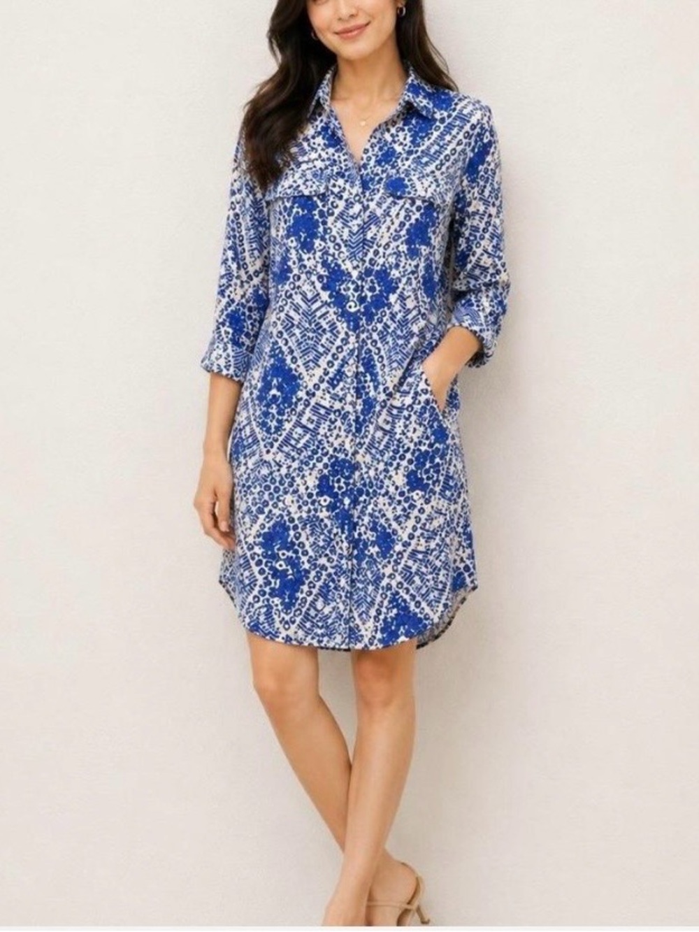 Cabi Style 422 Blue Jewel Print Button Down Shirt Dress Size Medium